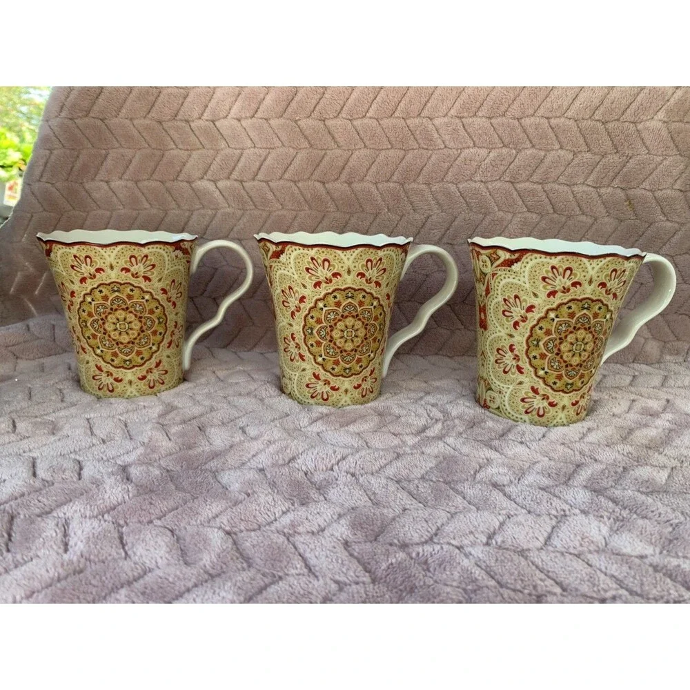 Lyria Saffron By 222 FIFTH 3 Mugs Scalloped Edges Floral Mandala Type design New